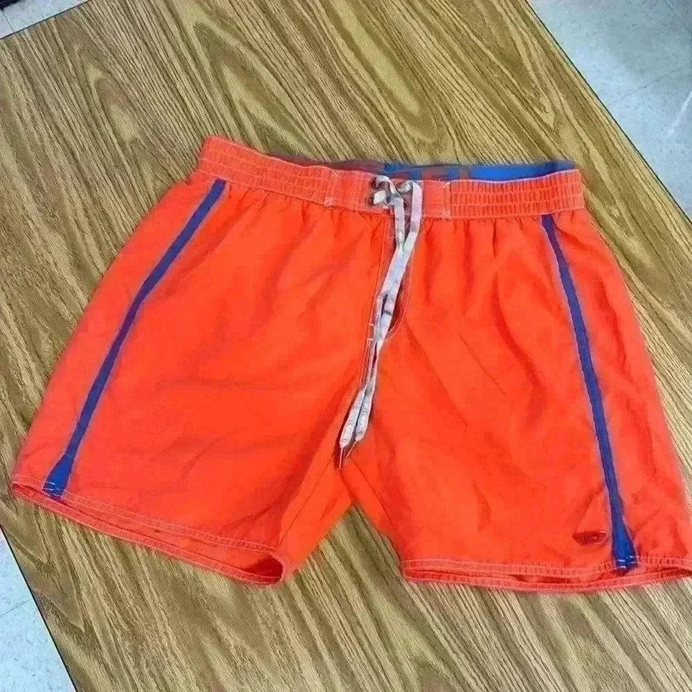 DIESEL BEACHWEAR  Swim Trunks Size XL Orange/Blue Lined Shorts Double Waistband